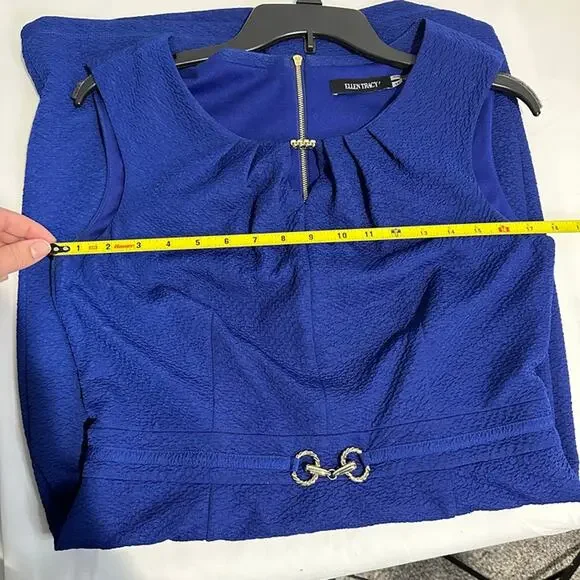 ELLEN TRACY Royal Blue Sleeveless Gold Trim Zipper Dress - Size 10 - Picture 6 of 12